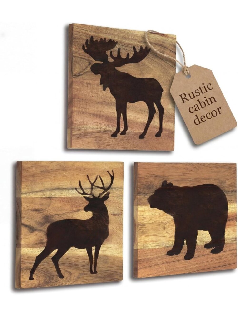 Rustic Wooden Cabin Wall Art Set of 3 | Woodland Decor for Home & Cabin